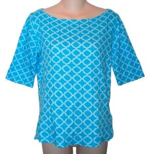 Jones NY Aqua & White Top, Elbow Sleeves, Small 7/8